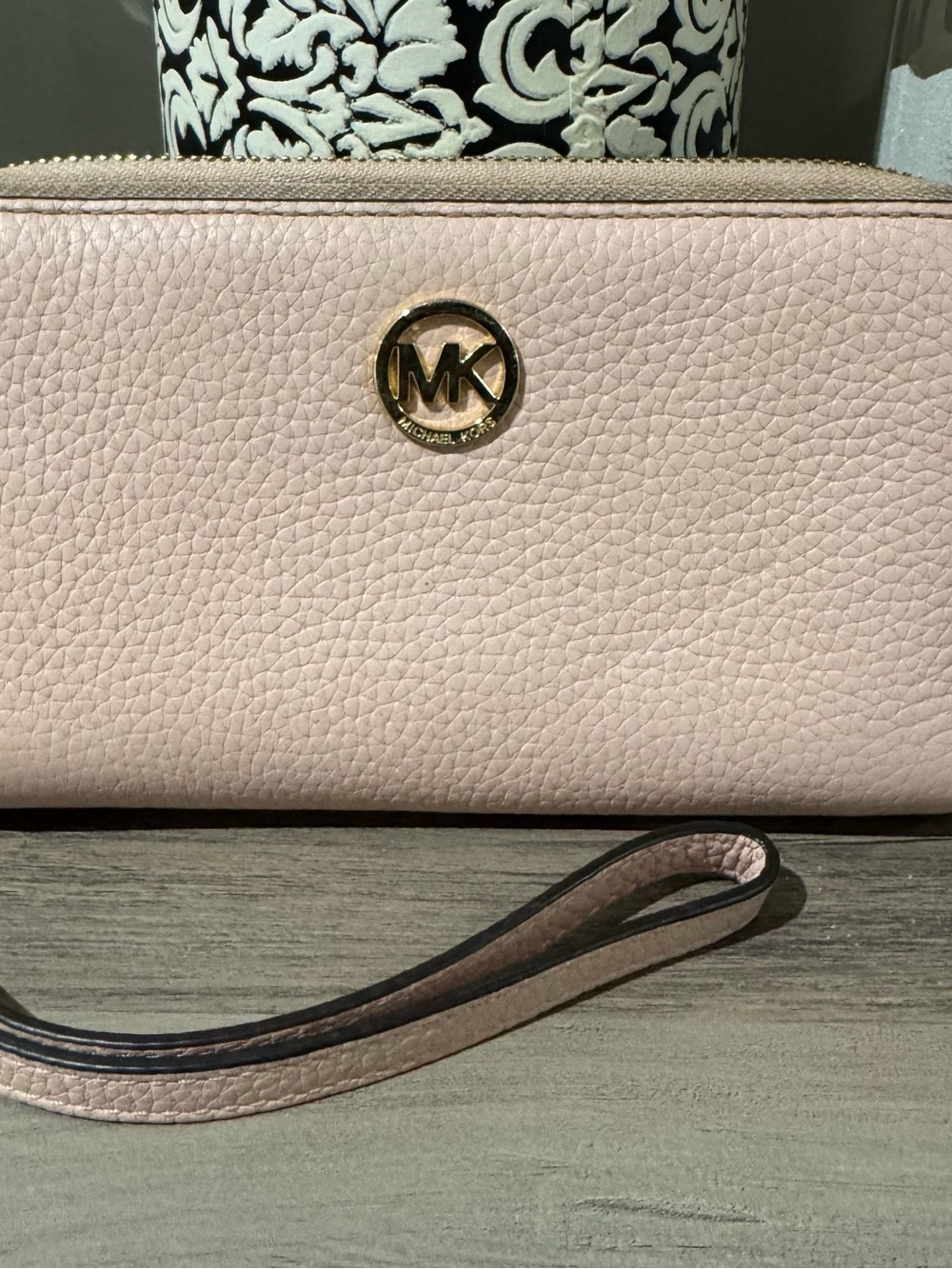 Michael Kors Light Blush Pebbled Leather Wristlet with Gold MK Logo